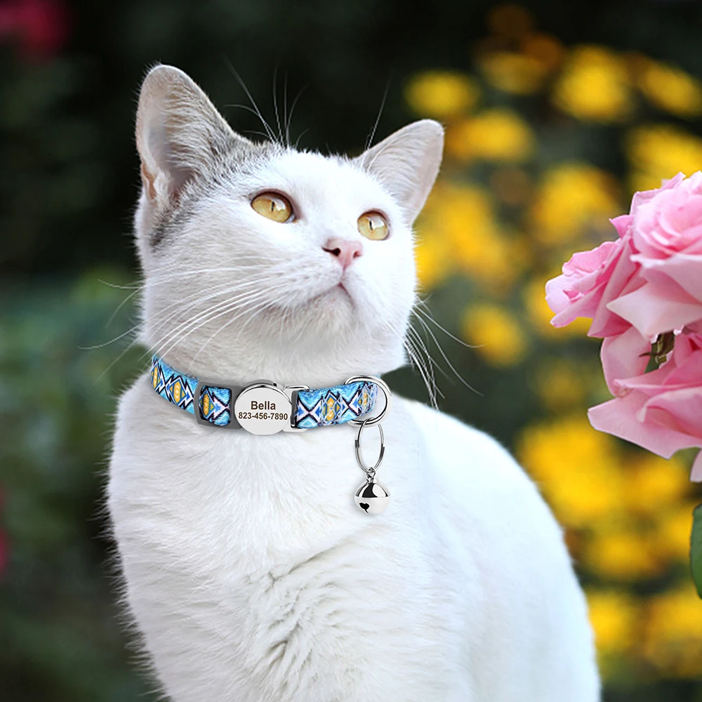 Personalized Cat Collar Adjustable Kitten Cats Print Collars With Bell Free Engraving Buckle Collar Anti-lost for Cat Small Dogs