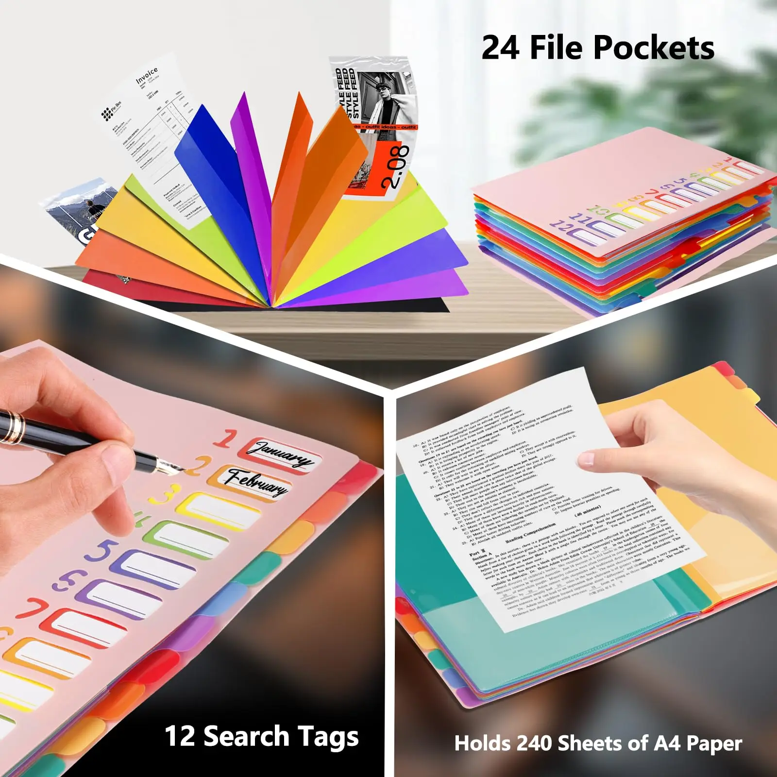 12 Pocket Expanding Project Sorter Heavy Duty Monthly Plastic Expandable Folder Organizer, A4 Letter Size, Multicolor