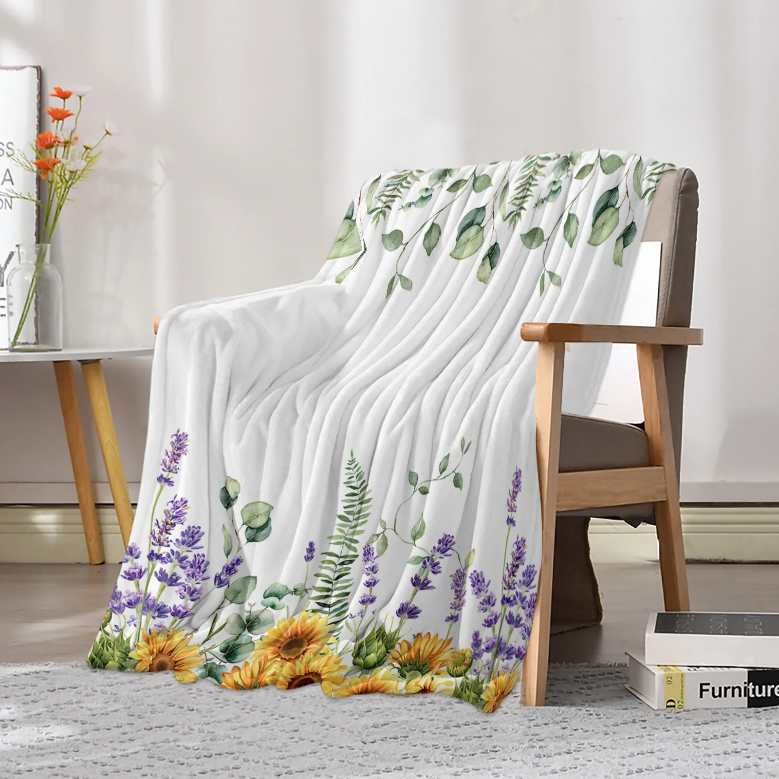 Wild Flower Eucalyptus Sunflower Plant Lavender Printed Throw Blanket Flannel Fleece Blankets Sofa Couch Bed Bedroom Bedspread