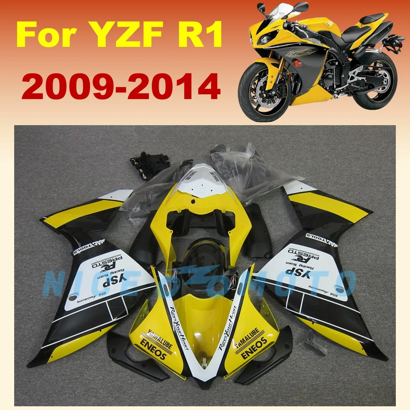 

Fit For YAMAHA YZF R1 2009 2010 2012 2013 2014 YZF-R1 New ABS Plastic Motorcycle Shell Fairing Kit Yellow white Bodywork Set