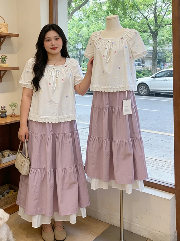 

plus Size Casual Summer New Embroidered round Neck Short Sleeve Shirt And Half Skirt Two Piece Set Women Fashion Ensemble