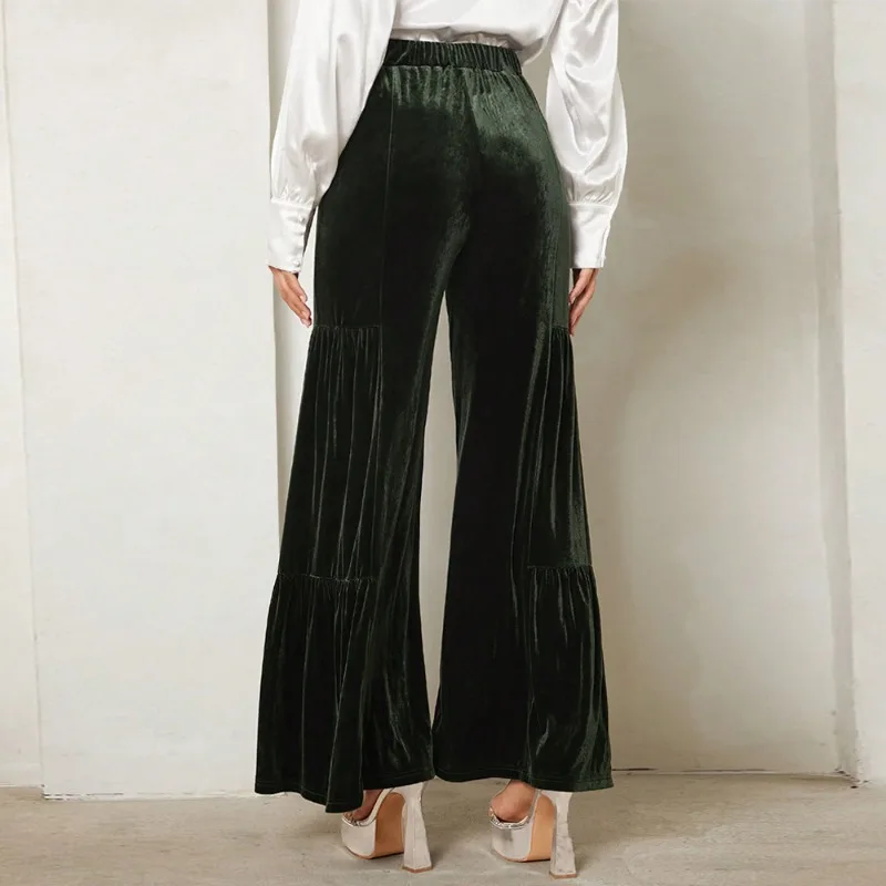 Women's Velvet Fashion High Waist Wide Leg Pants Temperament Commuting Spring Female Elegant Ruffle Casual Micro Flared Trousers