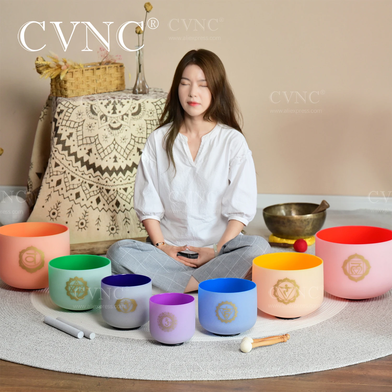 CVNC 6-12 Inch Colored Chakra Design Frosted Quartz Crystal Singing Bowl 7 Pcs For Sound Healing Meditation with Free Carry Bags