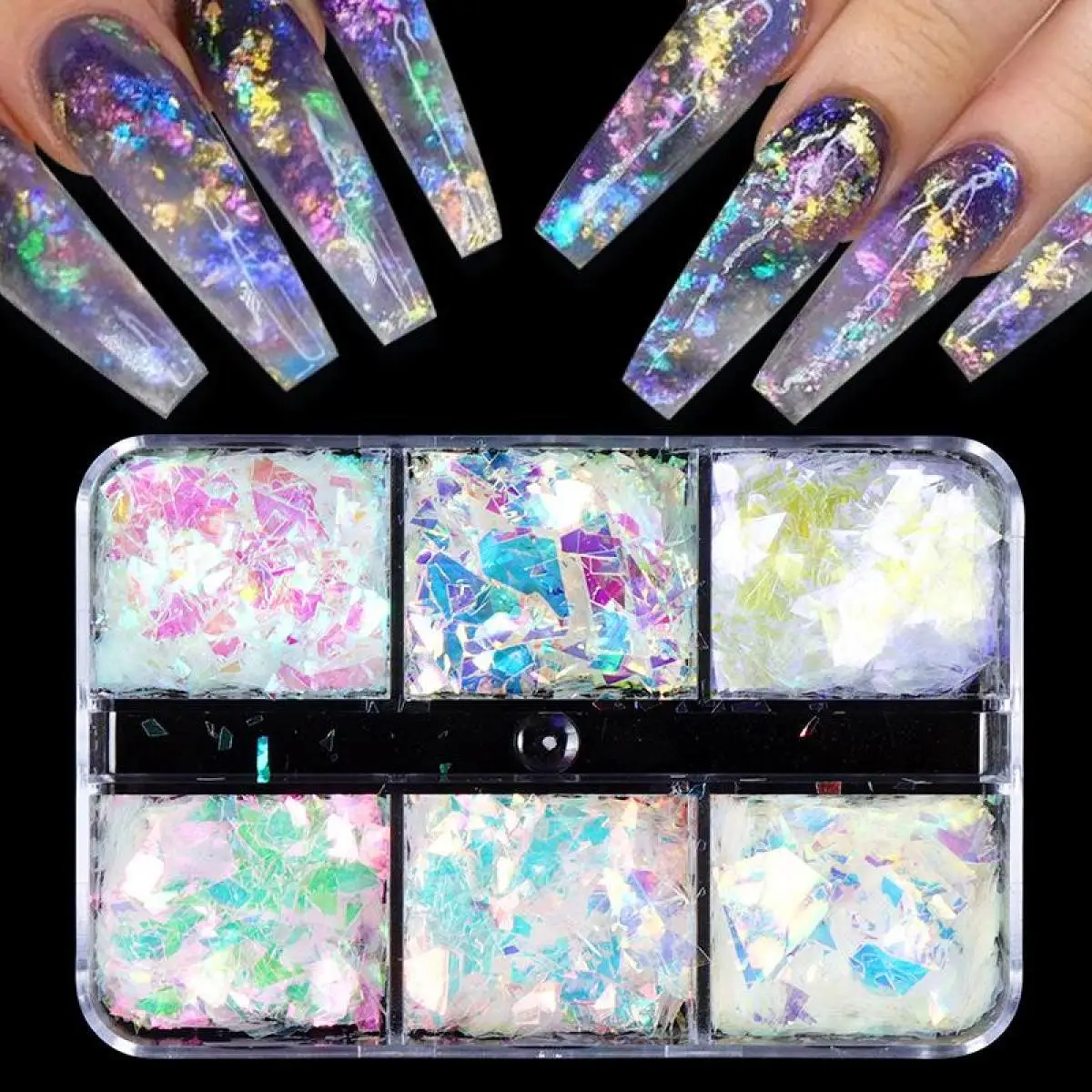 1 Box glitzerndes Nagel-Glitzerpulver, verträumt, polarisiert, hohe Helligkeit, unregelmäßige holografische Nagel-Pailletten, Flocken-Maniküre-Dekoration