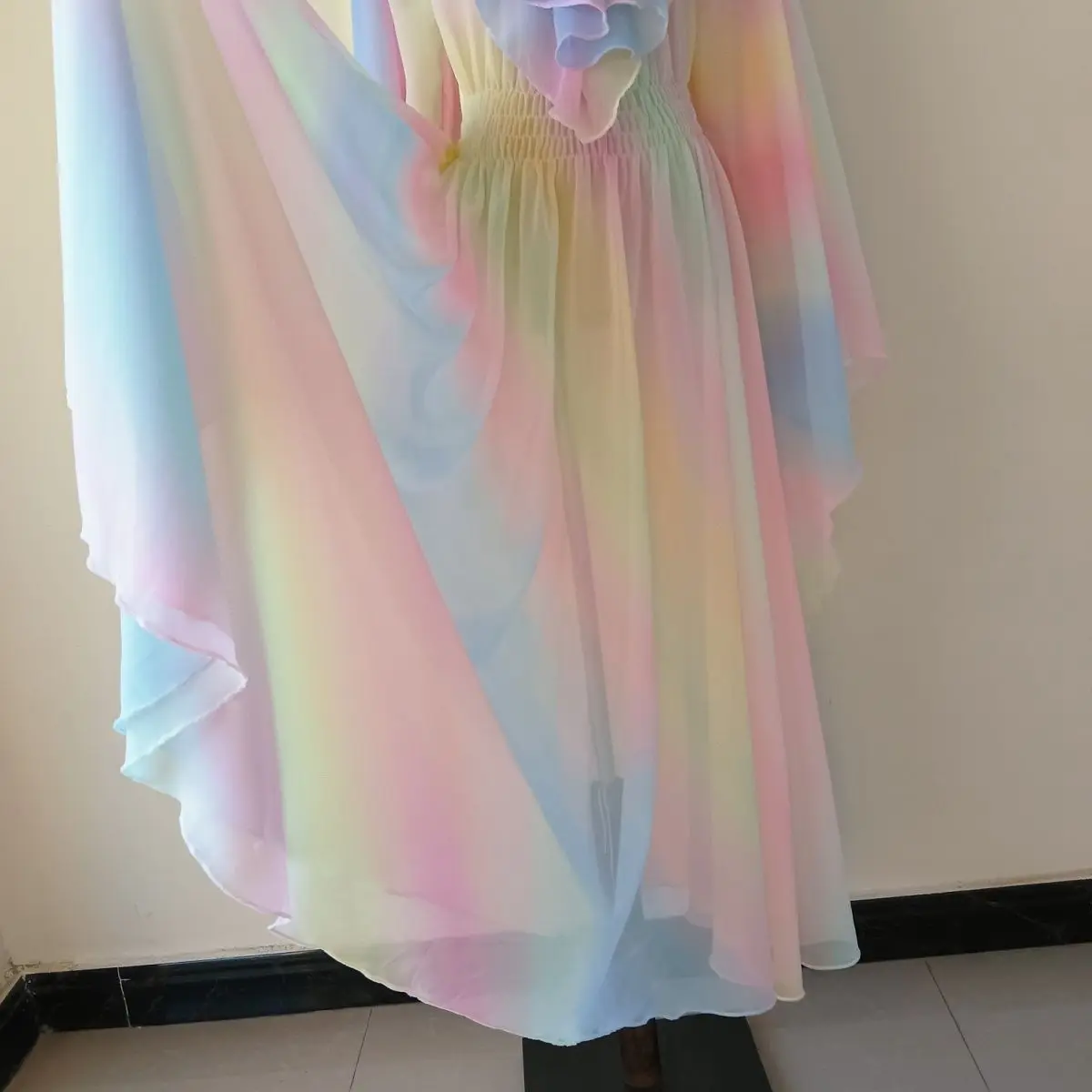 女性用メッシュボイルレインボーロングドレスゆったりパジャママキシ丈ワンピースプルオーバーエレガントドレス寝間着