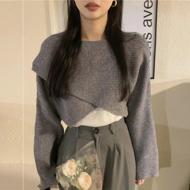 Autumn Knitted Cropped Sweater Y2K Tops Women Long Sleeve Pullovers Sweater Winter Cross Irregular Streetwear Sweater Pull 22933