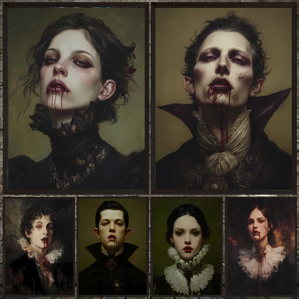 Victorian Vampire Woman Portrait Art Poster Print,Bloody Melancholy Decor,Haunted Vampire Wall Art Canvas Painting Home Decor