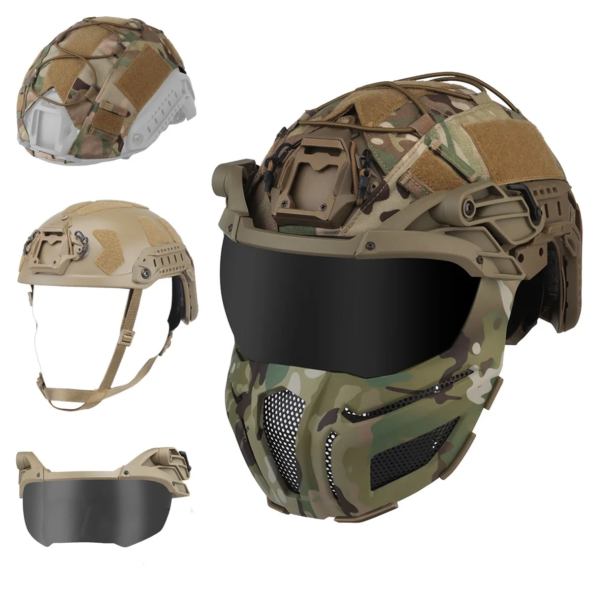 Airsoft Tactical Fast Helmet Set with Half Face Shock Mask Goggles - Multicam Helmet Cover - Comfortable Wearing Fully Protected