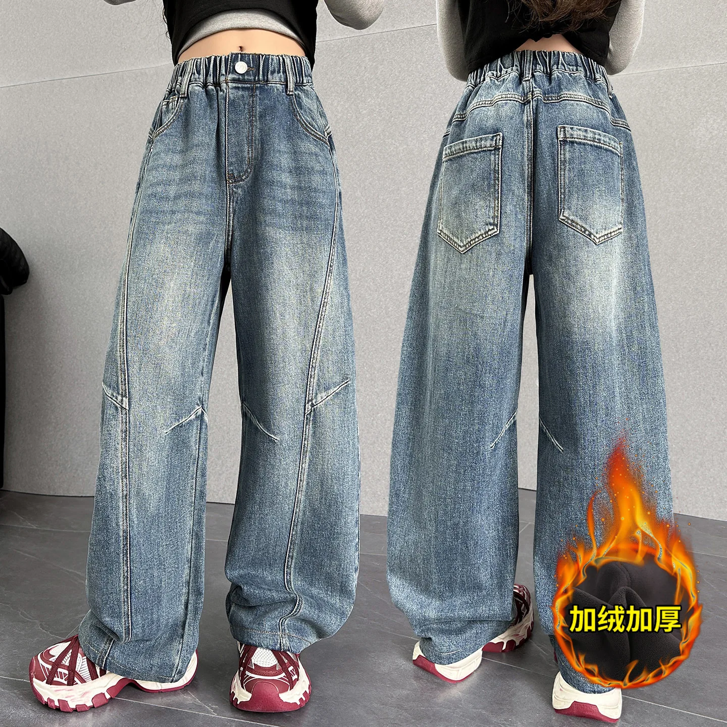 

Детские зимние прямые утепленные джинсовые брюки, детские модные уличные теплые джинсы на флисовой подкладке для девочек с большой карманом и вышивкой