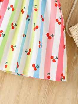 夏季女孩休閒透氣可愛甜美櫻桃色條紋印花粉紅蝴蝶結無袖連身裙 10 最佳銷售 幼兒生日禮服 - №7