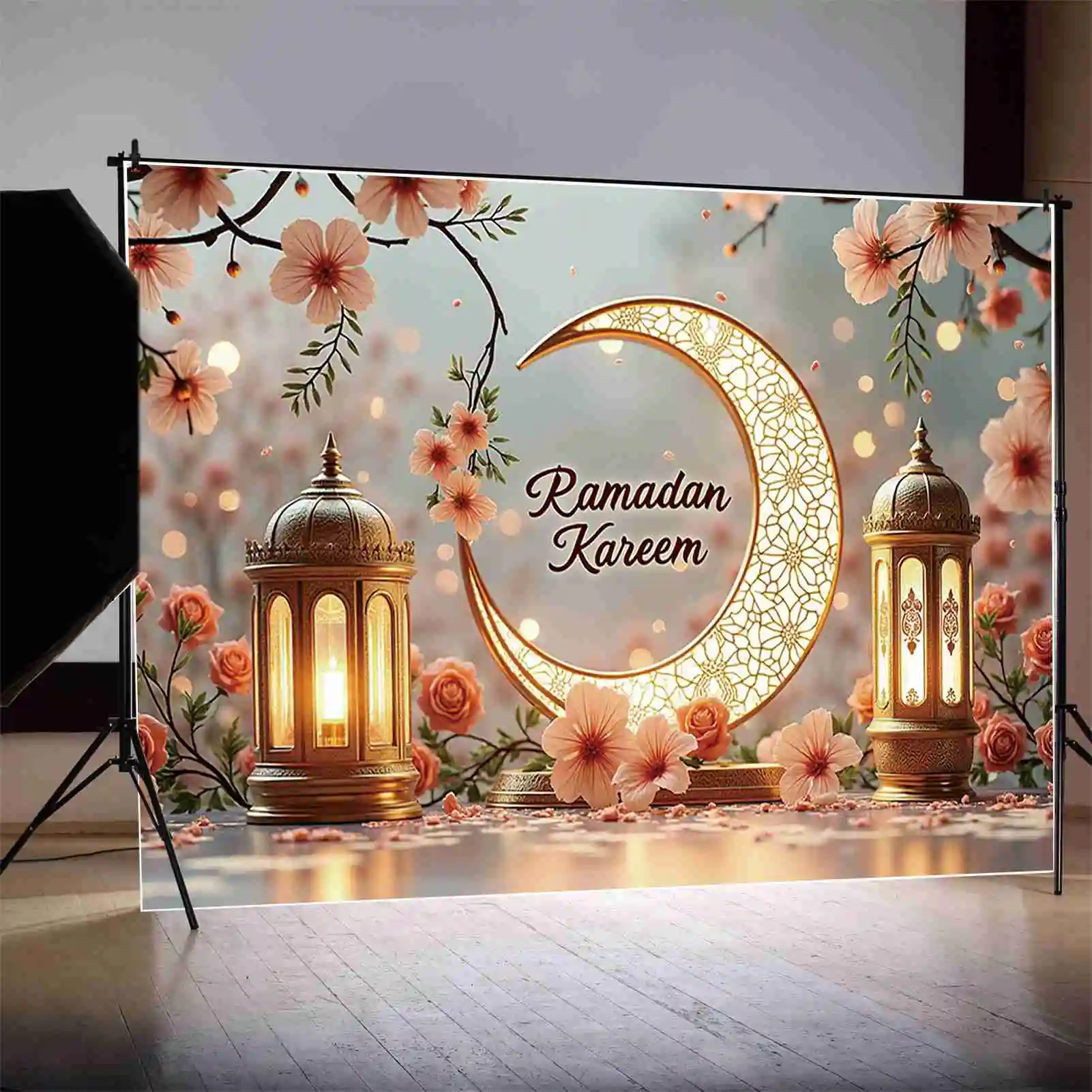 MOON.QG 2025 عيد الفطر خلفية رمضان مبارك خلفية المسجد الإسلامي فانوس زينة الحفلات استوديو الصور راية ملصق