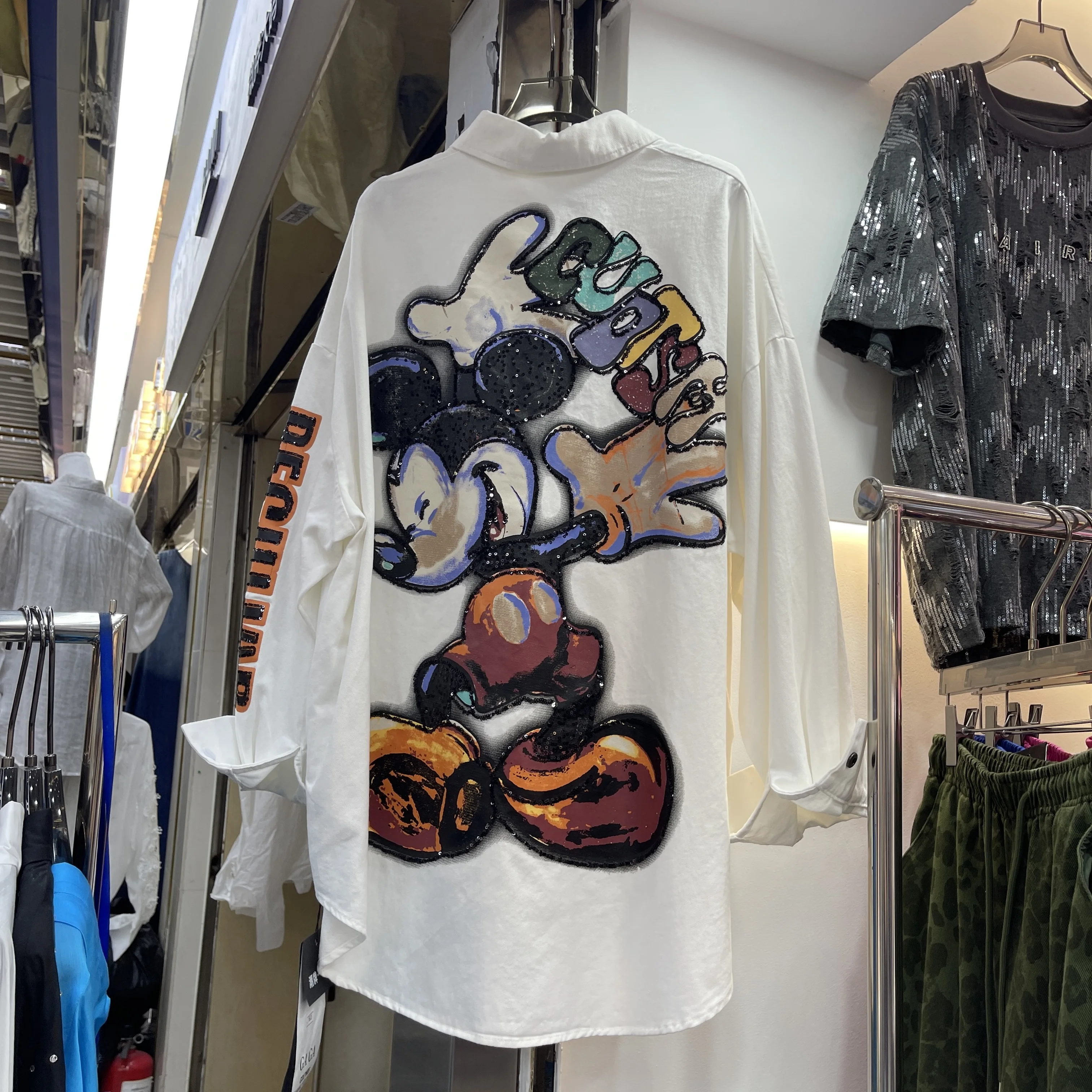 European Shirt Women's 2025 New Boy Friend Style Casual Heavy Industry Printed Sequins Cartoon Shirt Top Tide Black Thin Jacket