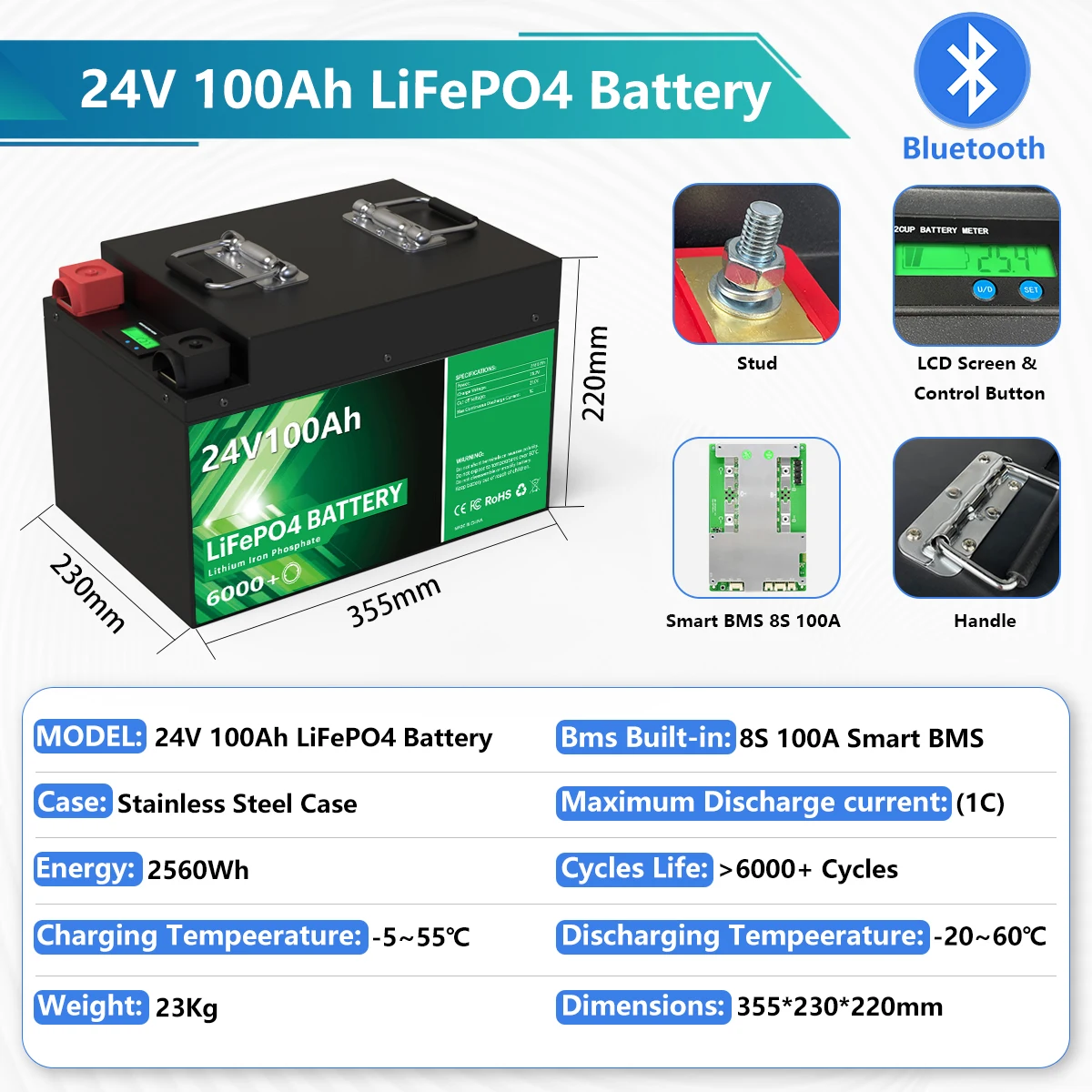 EU STOCK LiFePO4 24V 100Ah Battery Pack 12V 140Ah 100Ah Lithium Battery Bluetooth BMS 6000 Cycle For Home Solar Energy Free TAX