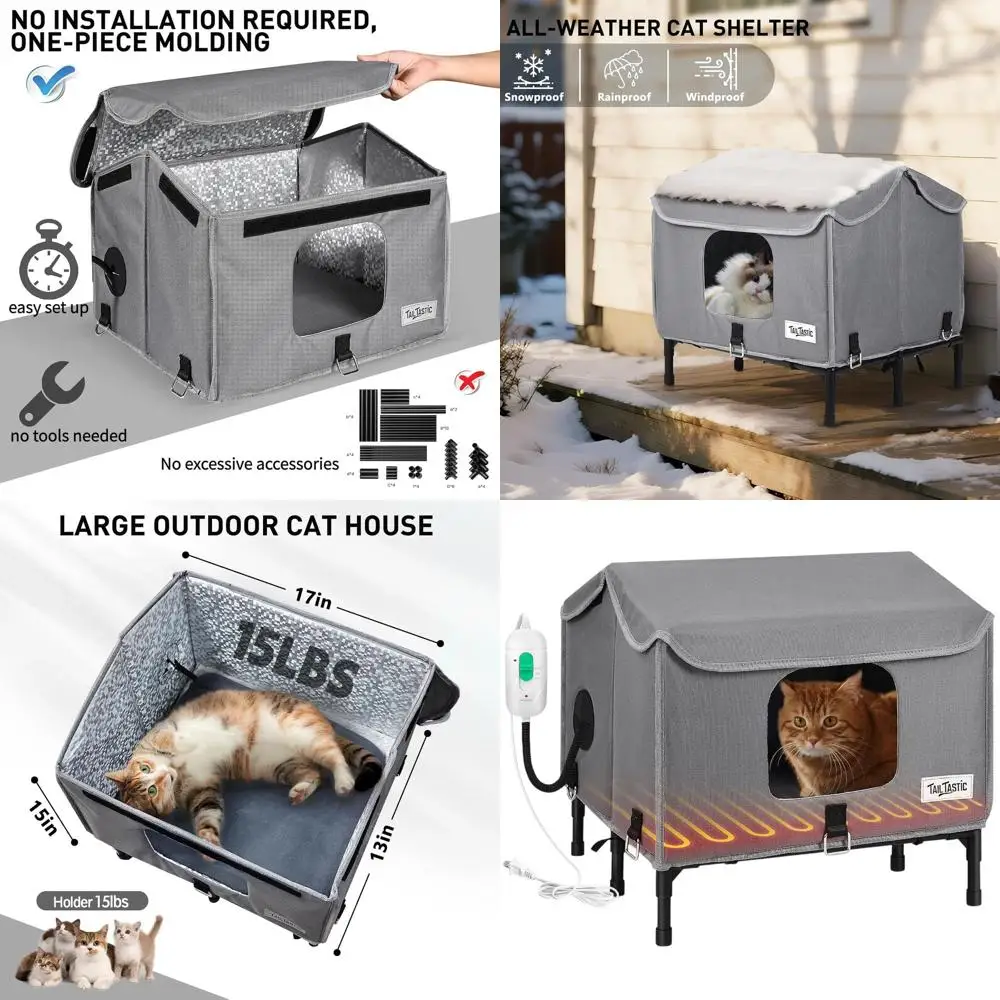 

Weatherproof Insulated Outdoor Cat Shelter, Elevated Stand, Winter-Ready, No Assembly, 17x15x13 Grey