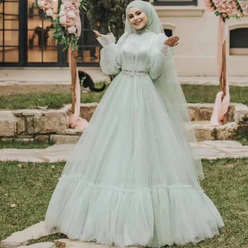 

Muslim Wedding Dresses with Hijab Long Sleeve High Collar Brides Dress Appliques Bridal Gown Customized فستان الزفا