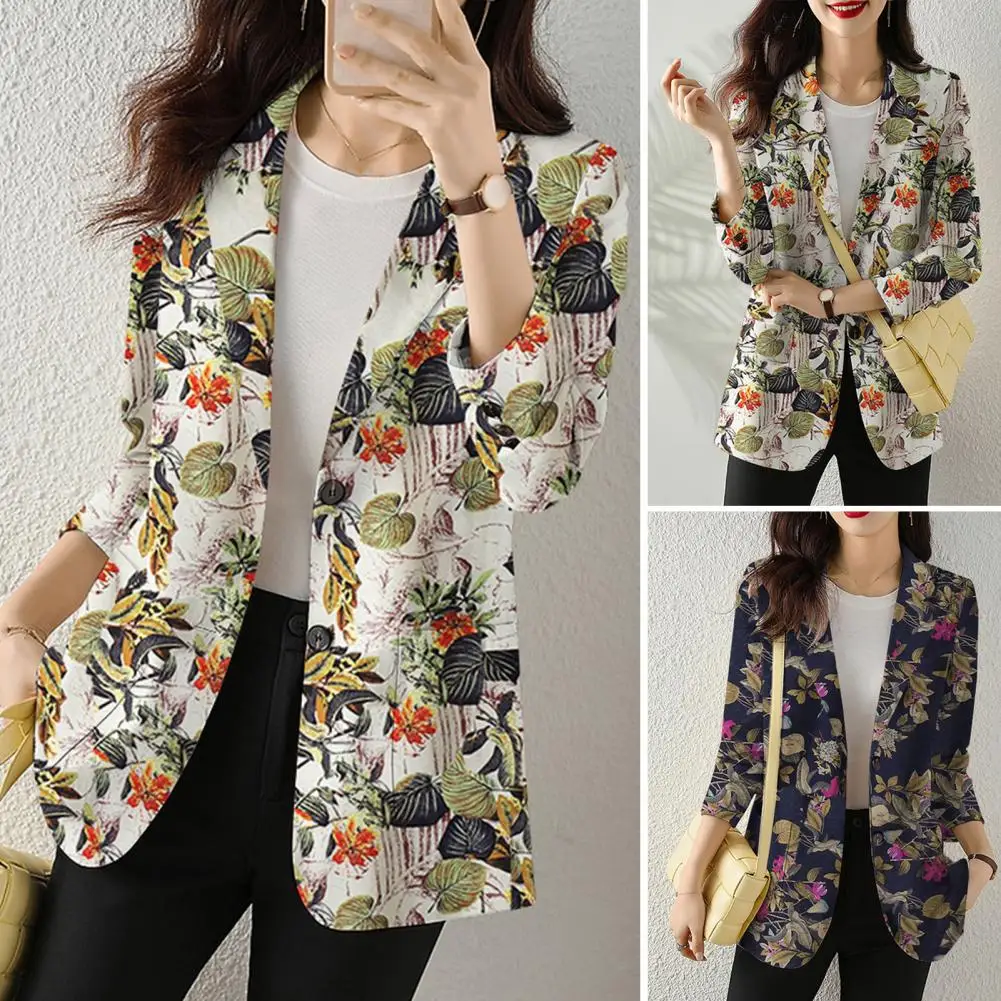 

Warm Women Suit Coat Elegant Floral Printed Lapel Suit Coat with Single Button Closure Pockets Women's Workwear Outerwear Women