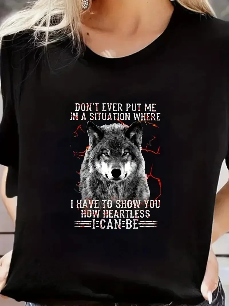 

Women's New Fashion Casual Commuting Vacation Style Loose Street Style Wolf Print Round Neck Plus Size T-shirt