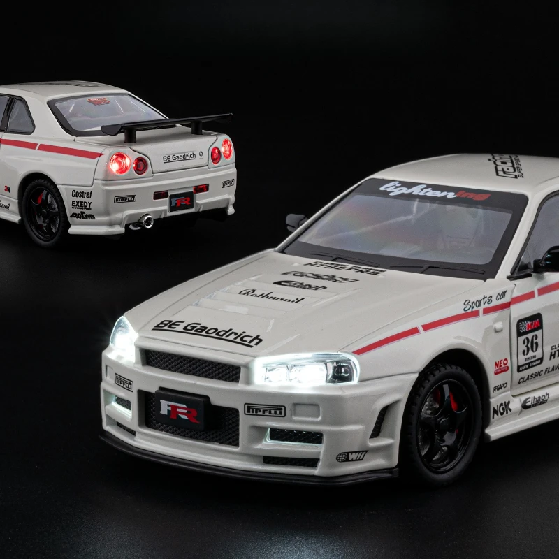 1:24 GTR R34 Alloy Sports Car Diecasts Metal Pull Back Sound And Light Car Model Kids Toy Gift