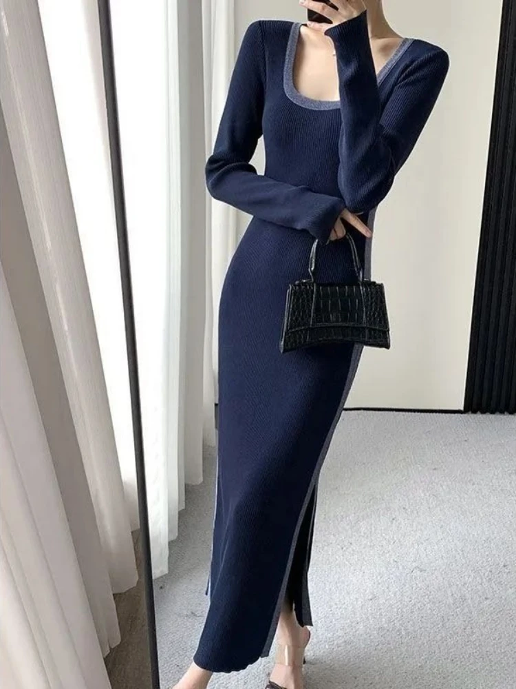 Sukienka maxi z dzianiny z dekoltem w kształcie litery U, patchworkowa, tunika damska, sukienka vintage, obcisła sukienka koreańska, Vestidos De Mujer 2025