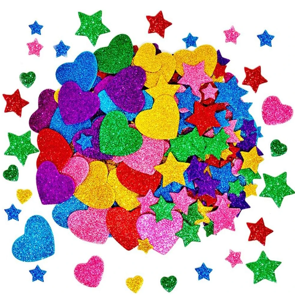 

300pcs Glitter Foam Stickers Self Adhesive Stars Heart Shapes Glitter Stickers Kid's Arts Craft Greeting Cards Home Decoration