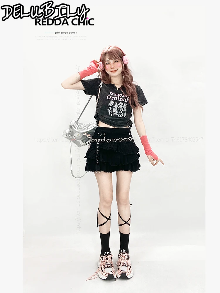 Skirt Y2k Layer Cake Mini Skirt Harajuku Denim Punk Gothic Dark Pleated Women's Skirt Cutecore Faldas Traf Faldas Para Mujeres