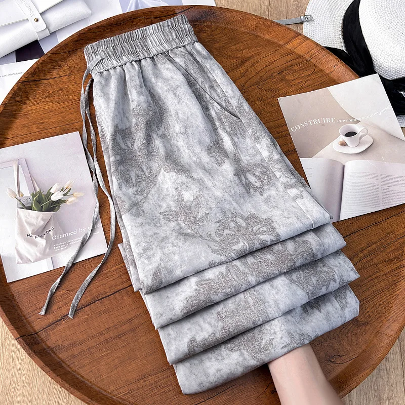 

National Style Retro Print Comfortable Wide-Leg Pants for Women Summer Thin Design Loose Slimming Straight Casual Pants