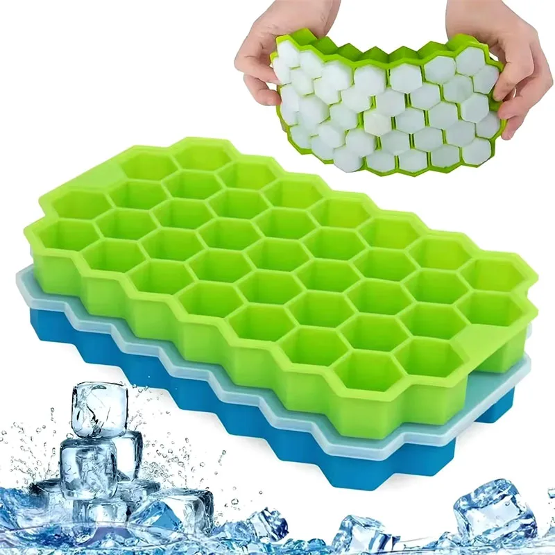 Silicone Honeycomb Ice 37 Grids Lattice Cube Tray Maker with Lid DIY Ice Mold Bar Creative Homemade Ice Making Box Kitchen Tools