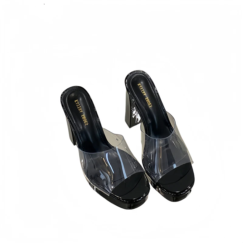 

Woman Slippers 12cm High Heels Summer Sandals Black PVC Transparent Platform Gladiator Shoes Beige Chunky Heeled Sandals Leisure
