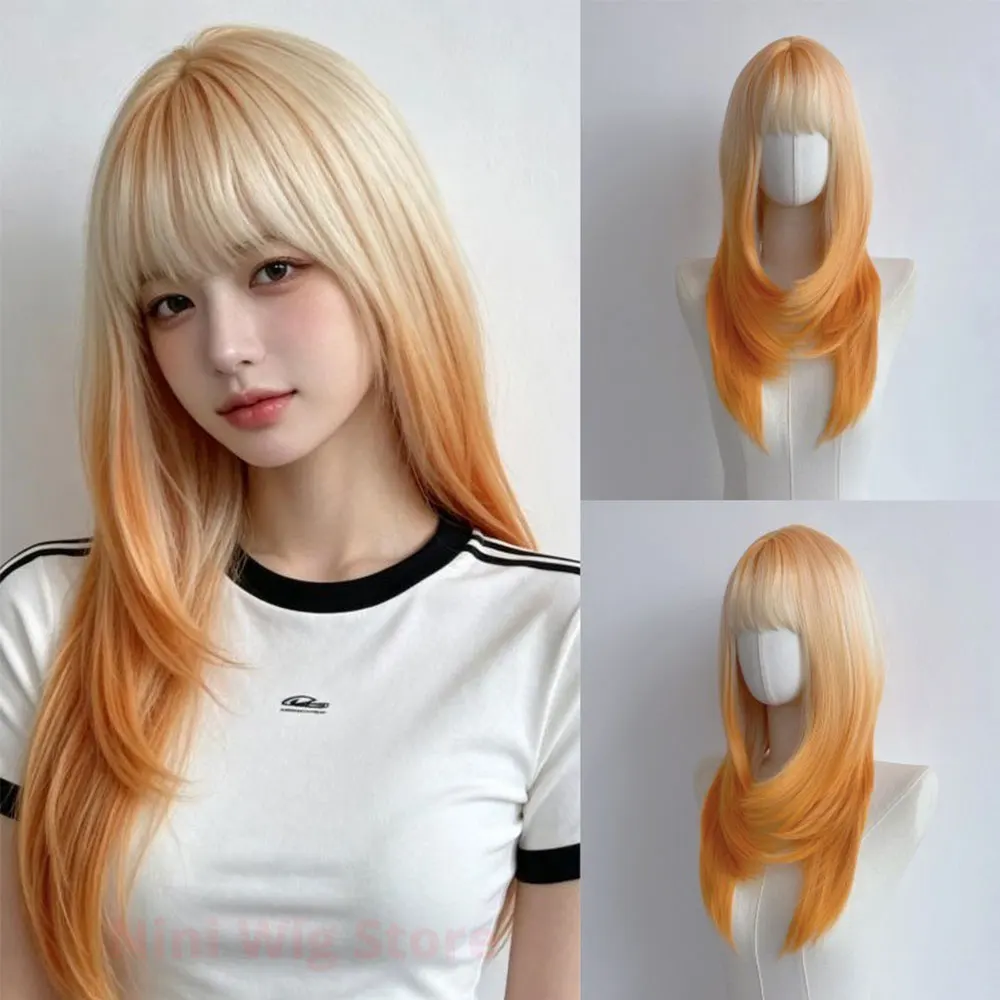 Orange Yellow Gradient White Long Layered Synthetic Wigs with Bangs for Women Cosplay Synthetic Hair Lolita Wig Party Daily Use