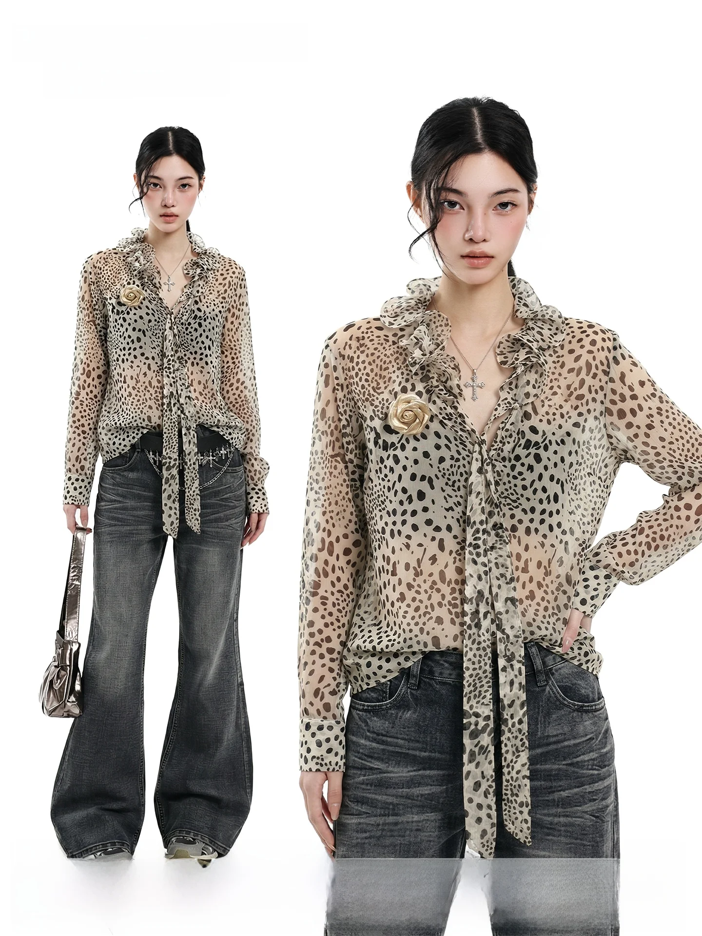

Retro Leopard Print Long Sleeve Loose Women's Shirt with Lace Hem Tie Waist Versatile Slimming Top for Spring Fashion