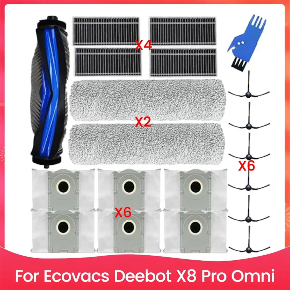 

Для робота-пылесоса X8 Pro Omni: 1 основная щетка, 2 роликовые насадки для влажной уборки, 4 HEPA-фильтра, 6 мешков для сбора пыли, 6 боковых щеток [BWASCLIM]