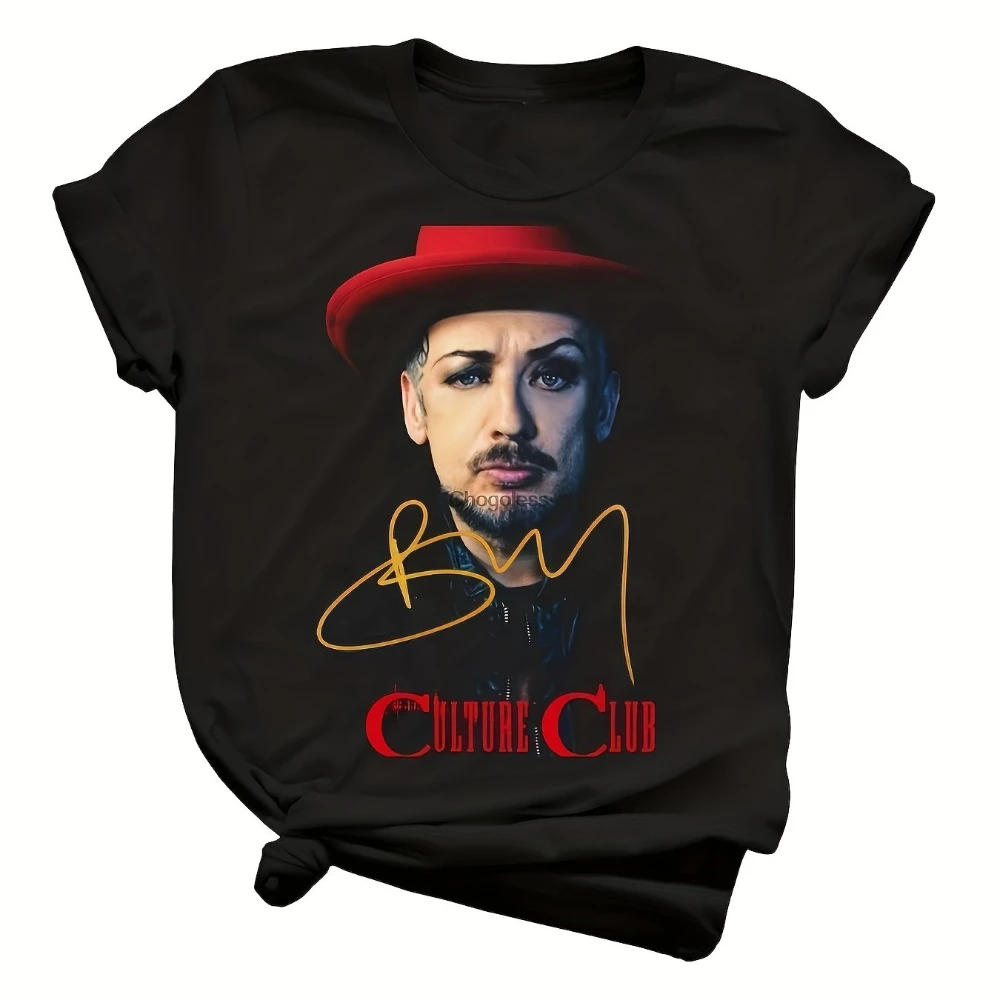 Official Vintage Band Tee Featuring A Signed Autograph of Boy George From Culture Club Showcasing A Red Hat Portrait
