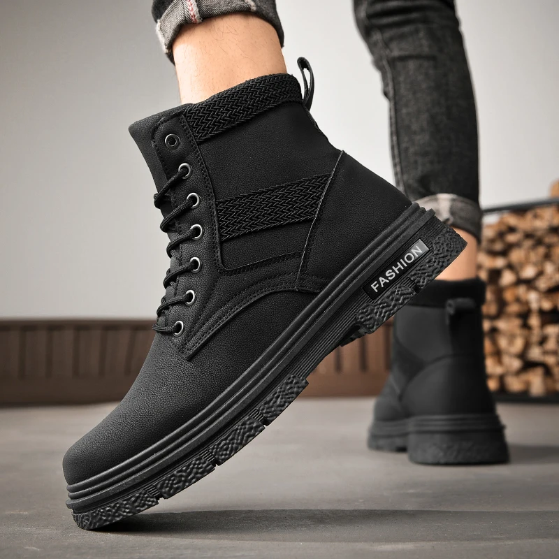 Men Ankle Boots Platform High Top Black Motorcycle Boot Trendy All-match Fashion Water Proof Wear-resistant Outdoor Elastic