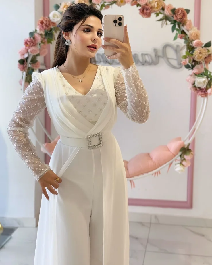 Chiffon Beaded Jumpsuit Prom Dresses with Overskirt Long Sleeve Pastrol Unis Customsized Saudi Evening Gown Suit Garment