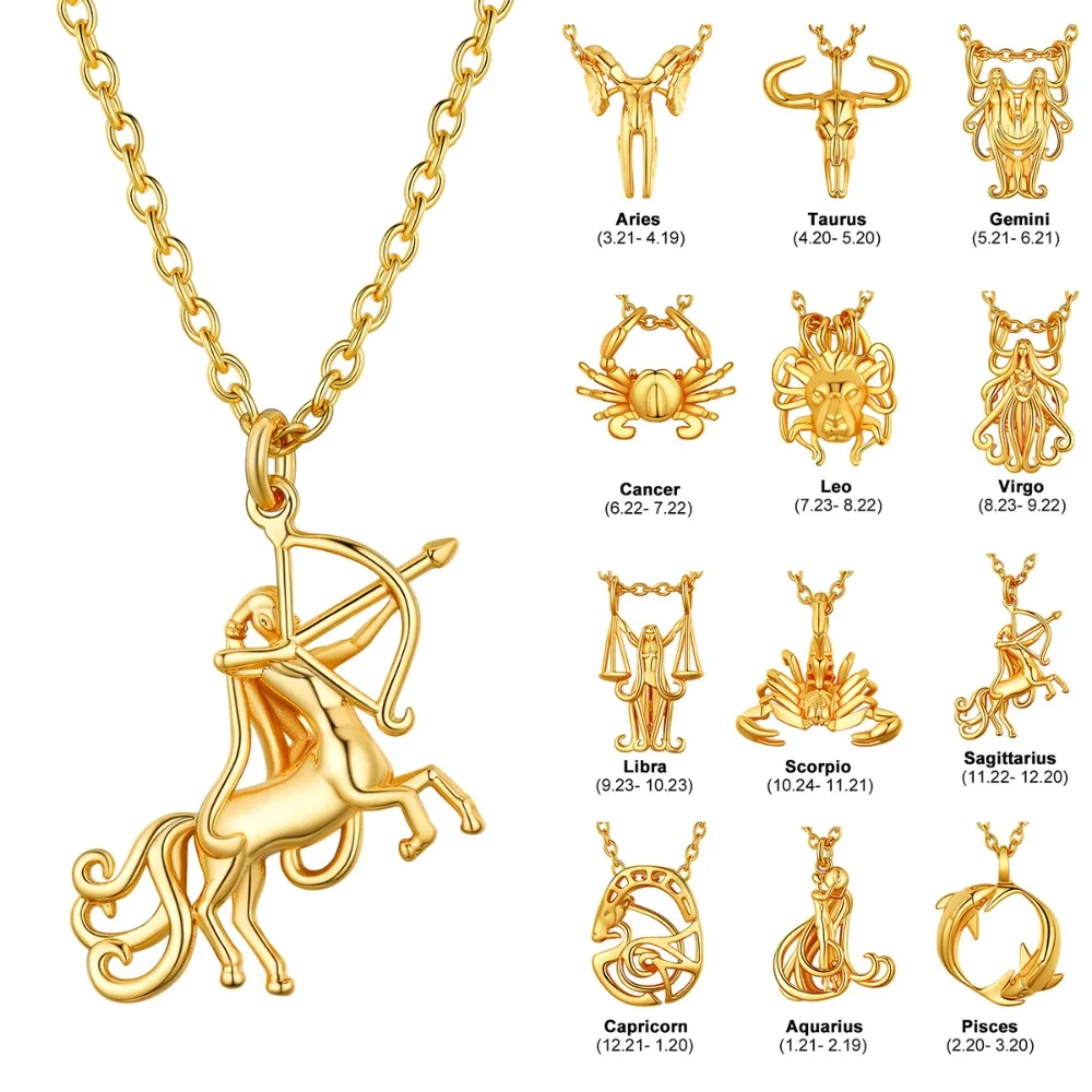 U7 Stainless Steel 12 Constellations Zodiac Necklaces for Man Woman 3D Charm Horoscope Astrologer Birthday Jewelry Gift