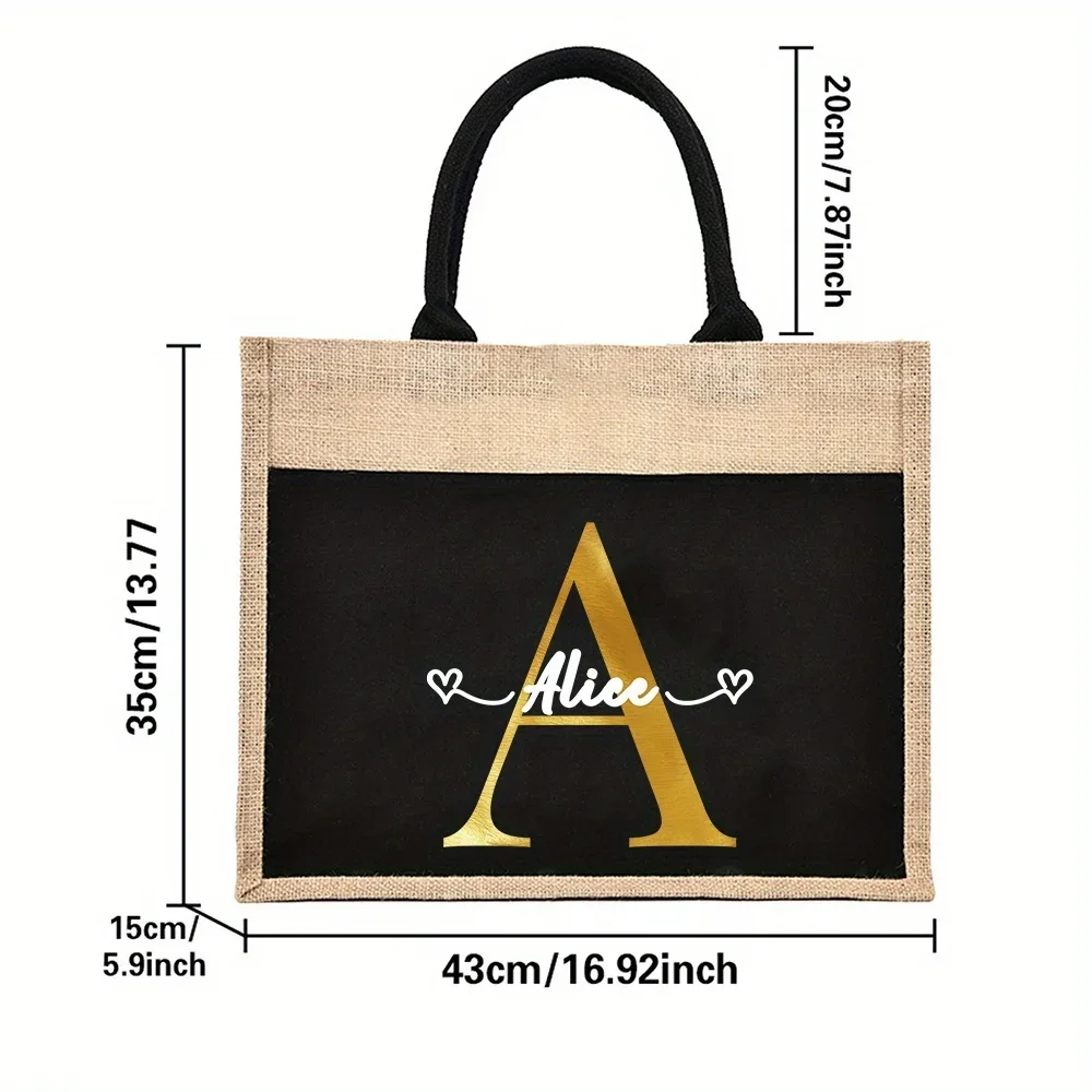 Customizable Name Women's Shopping Bag Reusable Linen Handbag Grocery Shopping Bag Gold Letter Pattern Series