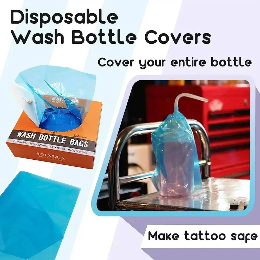 250PCS Disposable Tattoo Wash Bottle Bags Tattoo Squeeze Bottle Cover Sleeves Plastic Wash Bottle Barrier Tattoo Cleaner Supply