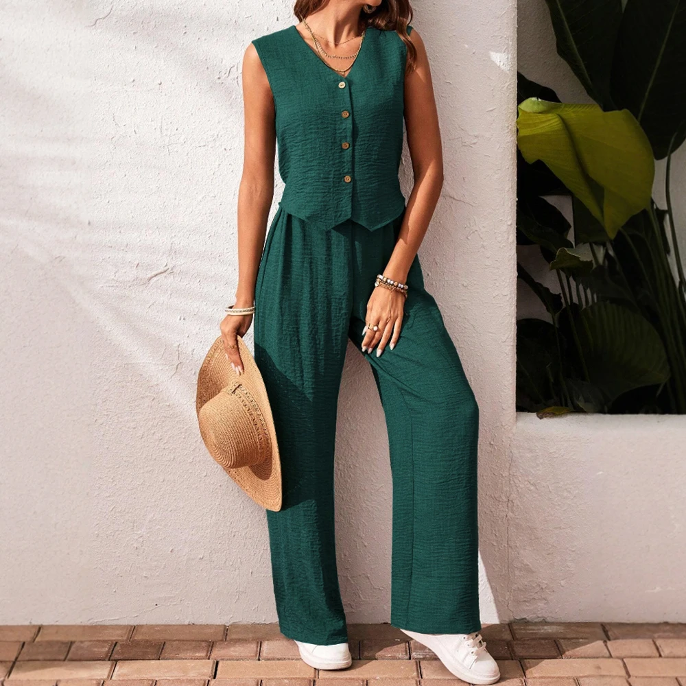 Sets Spring Summer Casual Basics Single Breasted Sleeveless V-Neck Vests Natural Waist Ankle Straight Pants Daily Sets