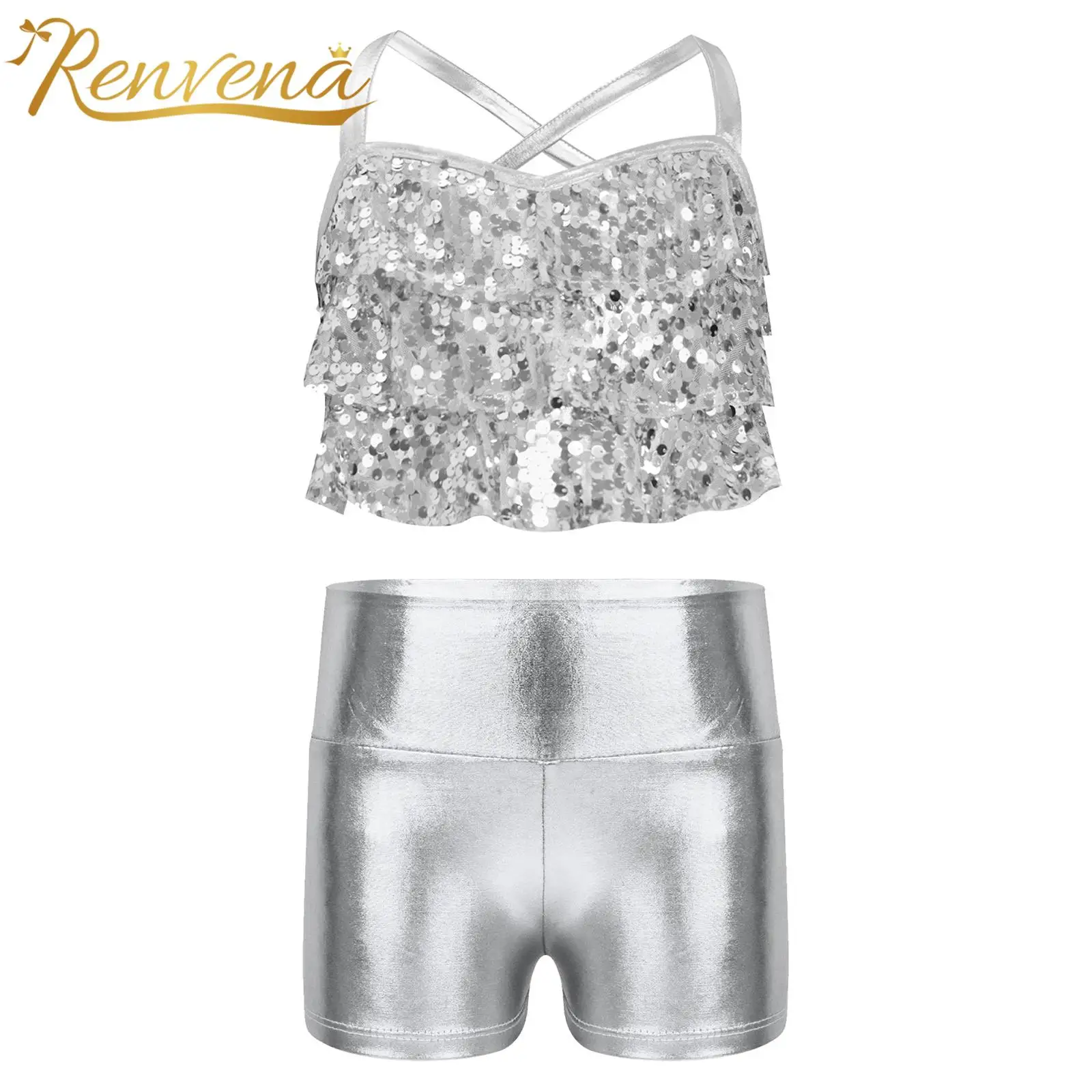 Children Glittery Sequins Metallic Streetwear Music Festival Disco Modern Jazz Dance Costume Kids Girls Ballet Dance Outfit