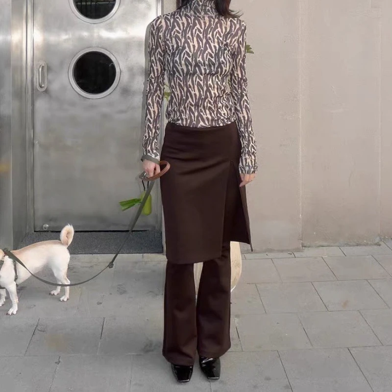 2025 Autumn and Winter New Elastic Fake Two-piece Knitted Slim-fitting Flared Culottes and Micro-pull Pants for Women
