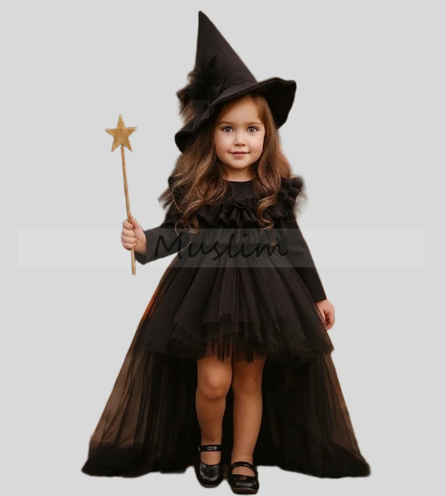 

Vintage Medieval Black Flower Girls Dress Hi Low Witchy Halloween Costume Kids Dress Long Sleeve Tulle Birthday Party Customized