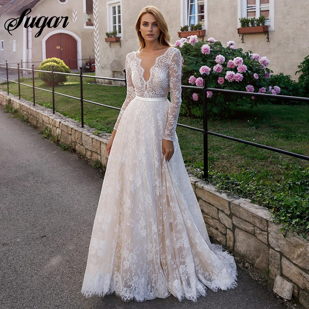 Lace Long Sleeve Wedding Dress 2024 Bridal Light Champagne Beach Bride Gown For Women Sweep Train A-line Bohemian vestido novia