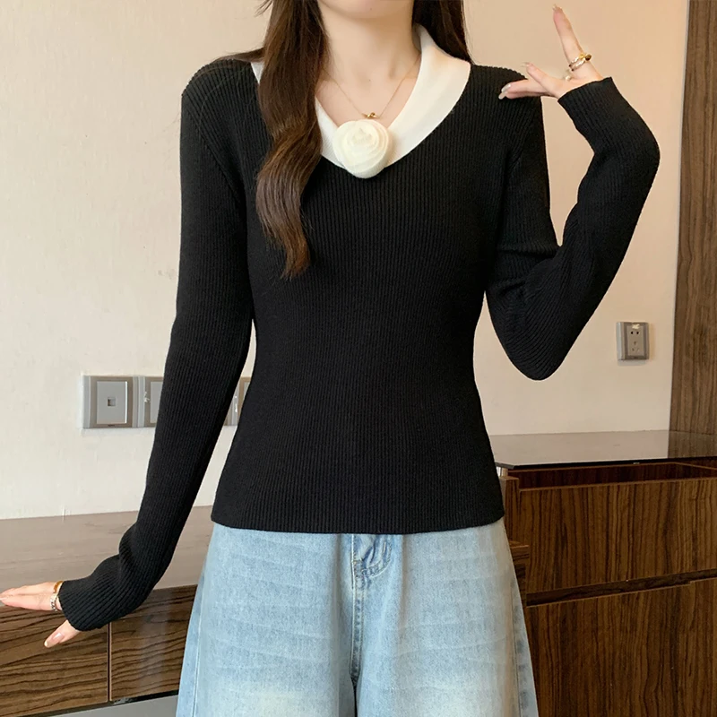 أنيقة زهرة متماسكة سترة المرأة المتناقضة اللون الخامس الرقبة ثلاثي الأبعاد سليم عارضة البلوز البلوز قاع قمم