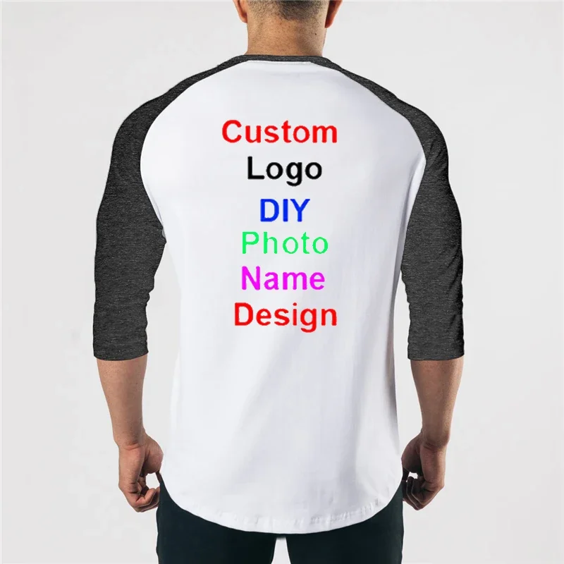 Customized Your Like Photo or Logo Your OWN Design T Shirt Three Quarter Sleeve Fitness T-shirt Men Solid Patchwork O-neck top