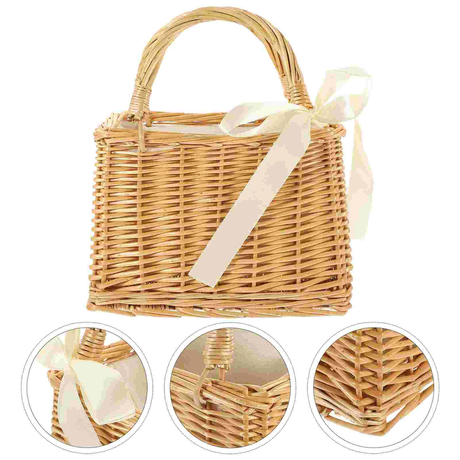 

Woven Flower Basket Outdoor Wicker Purse Decorative Picnic Fruit Holder Boho Decorations Handbag Vegetable Carrying Rattan