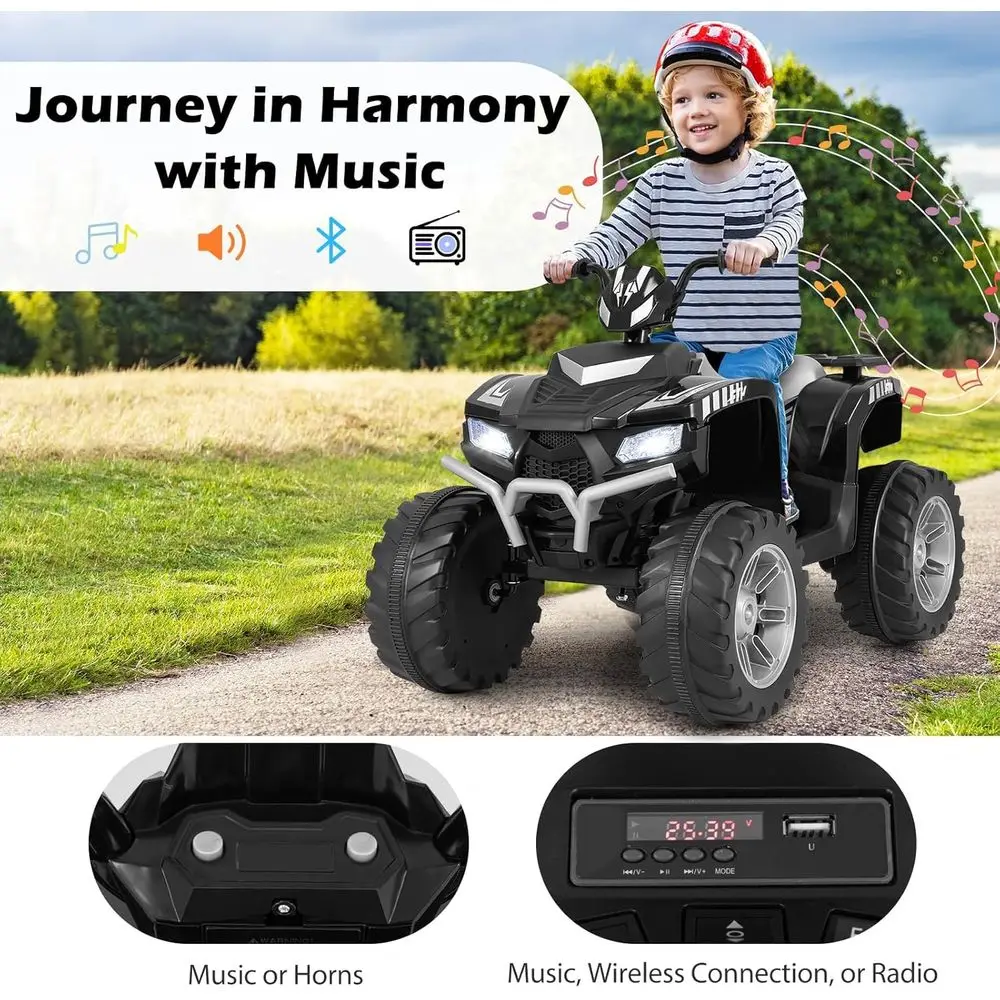 รถเอทีวีสำหรับเด็ก, รถสี่ล้อ 24V ขับเคลื่อนด้วยแบตเตอรี่ พร้อมระบบเดินหน้า/ถอยหลัง, 2 ระดับความเร็ว, ระบบเชื่อมต่อไร้สาย, เพลง, วิทยุ, ไฟ LED, สีดำ