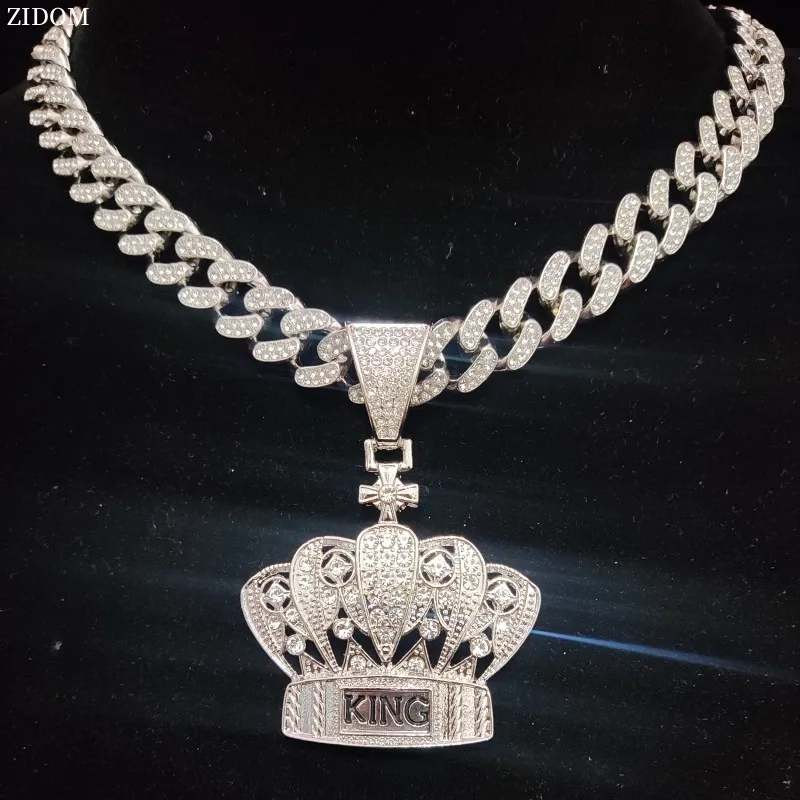 Men Women Hip Hop Crown Pendant Necklace with 13mm Cuban Chain Hiphop Iced Out Bling Bling Necklaces Fashion Jewelry Gifts