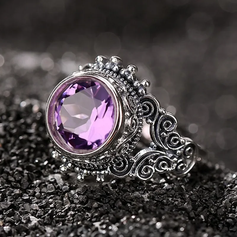 Genuine S925 Sterling Silver Rings for Women Men New Fashion Auspicious Clouds Butterfly Round Amethyst Hollow Rings Jewelry