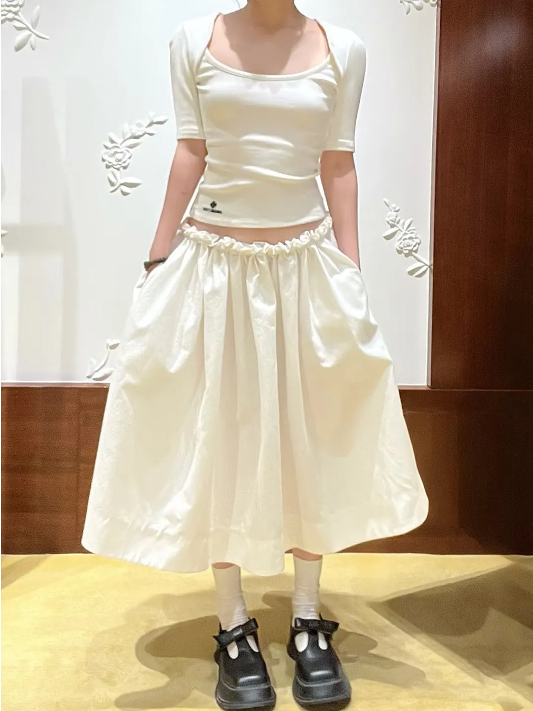 

Floral Print Short Sleeve round Neck Half Skirt Slim Fit Women's Casual Style Cotton Fabric A-Line Skirt Shanghai Version