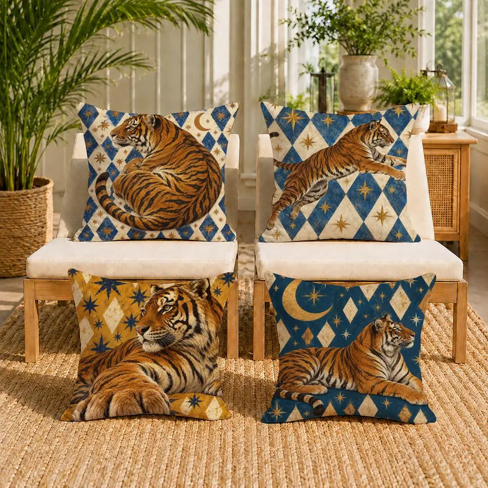 Tiger Vintage Animal Portrait Cushion Cover Double-Sided Plush Sofa Pillow Cases Organic Breathable Invisible Zipper